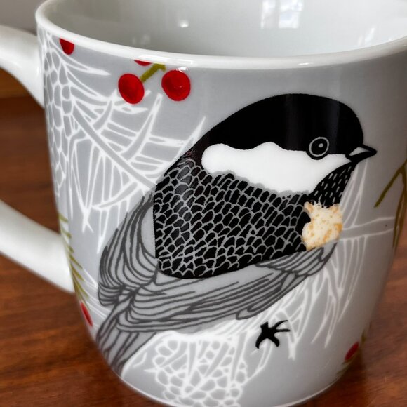 Now Designs Chickadee Porcelain Mug Holiday Christmas Holly Berry Gray 12 oz - Picture 5 of 9